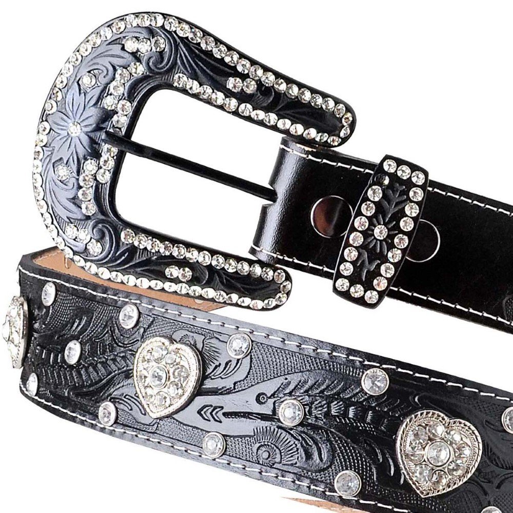Cinto Couro Country Feminino Fivela Preta de Strass Brilho Rainha do Rodeio Bordado Preto 3