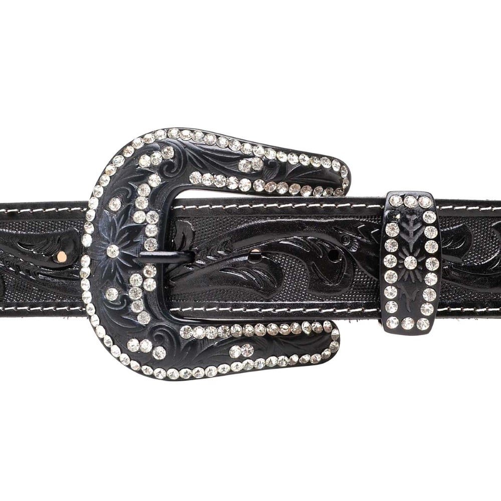 Cinto Couro Country Feminino Fivela Preta de Strass Brilho Rainha do Rodeio Bordado Preto 4