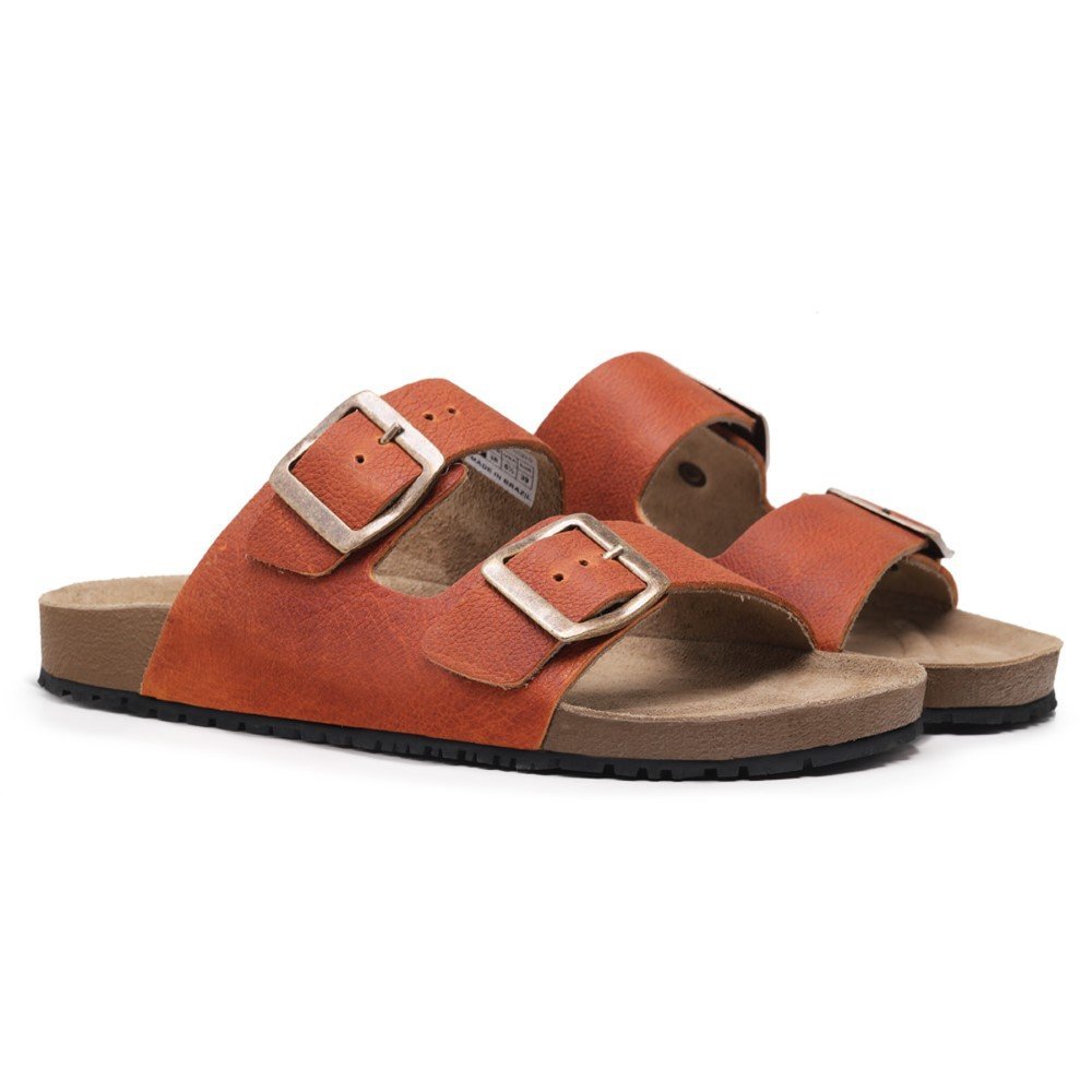 Papete Sandalia Retro Couro Anatomica Fivela de Metal com Regulagem da Moda Verao Laranja 2