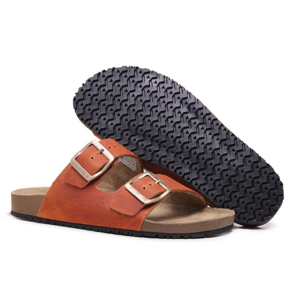 Papete Sandalia Retro Couro Anatomica Fivela de Metal com Regulagem da Moda Verao Laranja 3