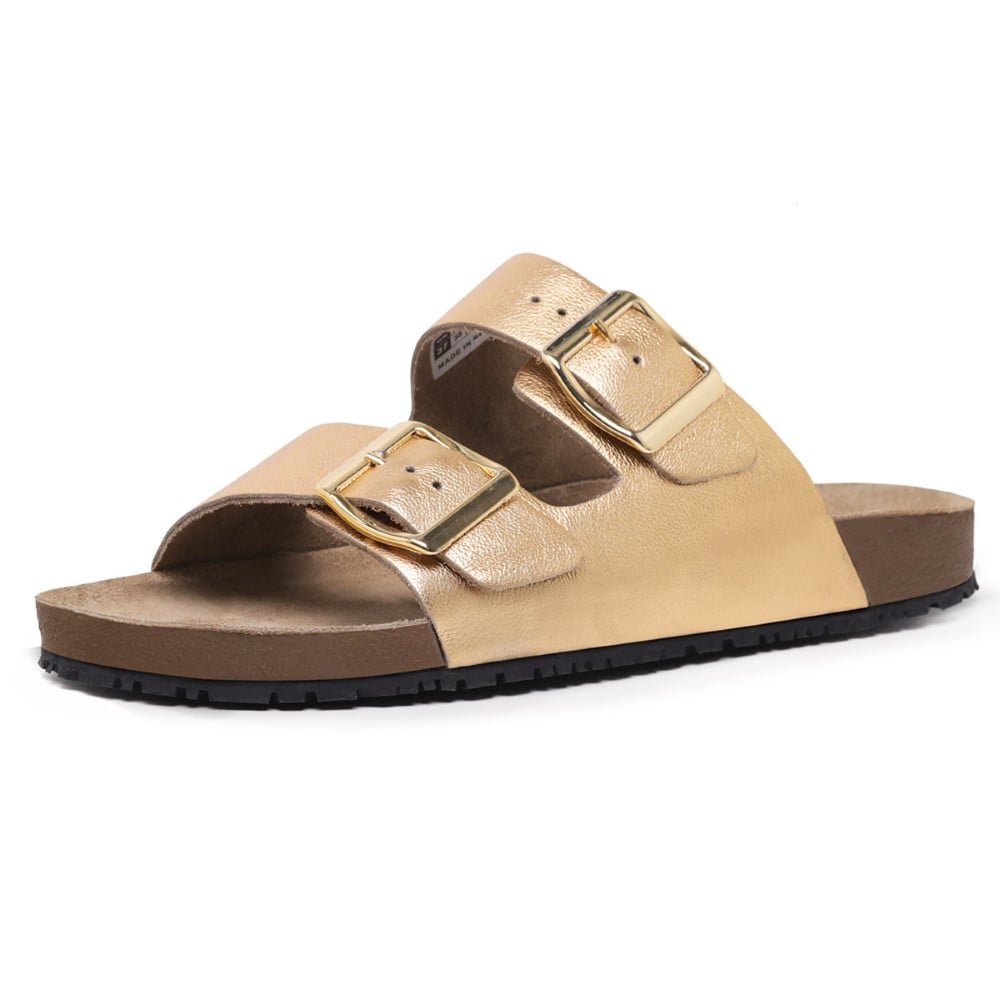 Papete Sandalia Com Fivela Regulavel de Couro Solado PVC Resistente Trabalho Passeio Dourado 1