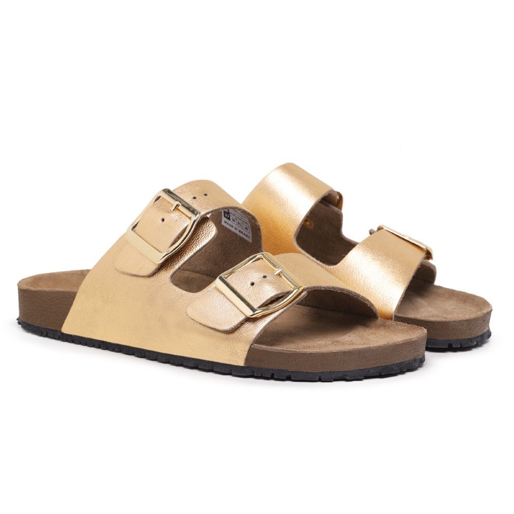 Papete Sandalia Com Fivela Regulavel de Couro Solado PVC Resistente Trabalho Passeio Dourado 2