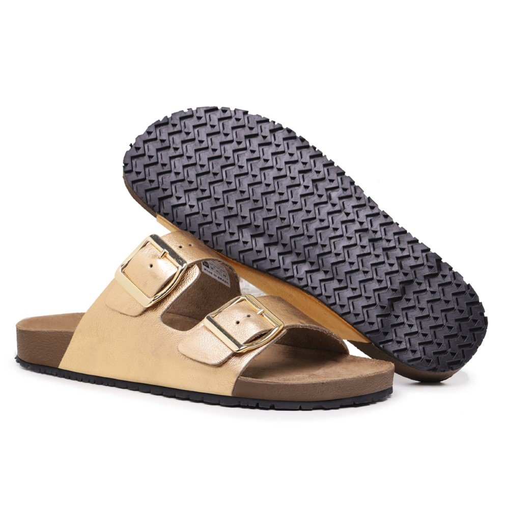 Papete Sandalia Com Fivela Regulavel de Couro Solado PVC Resistente Trabalho Passeio Dourado 3