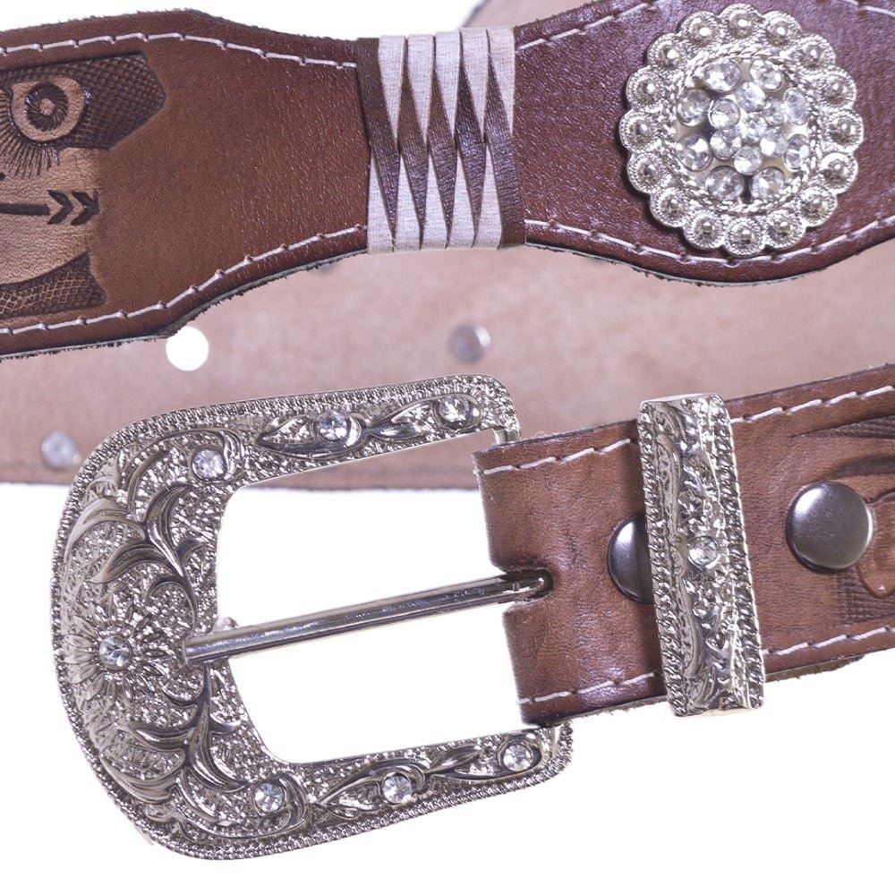 Cinto Feminino Couro Western Fivela Pedraria Strass Brilho Rodeo Country Resistente Marrom 2