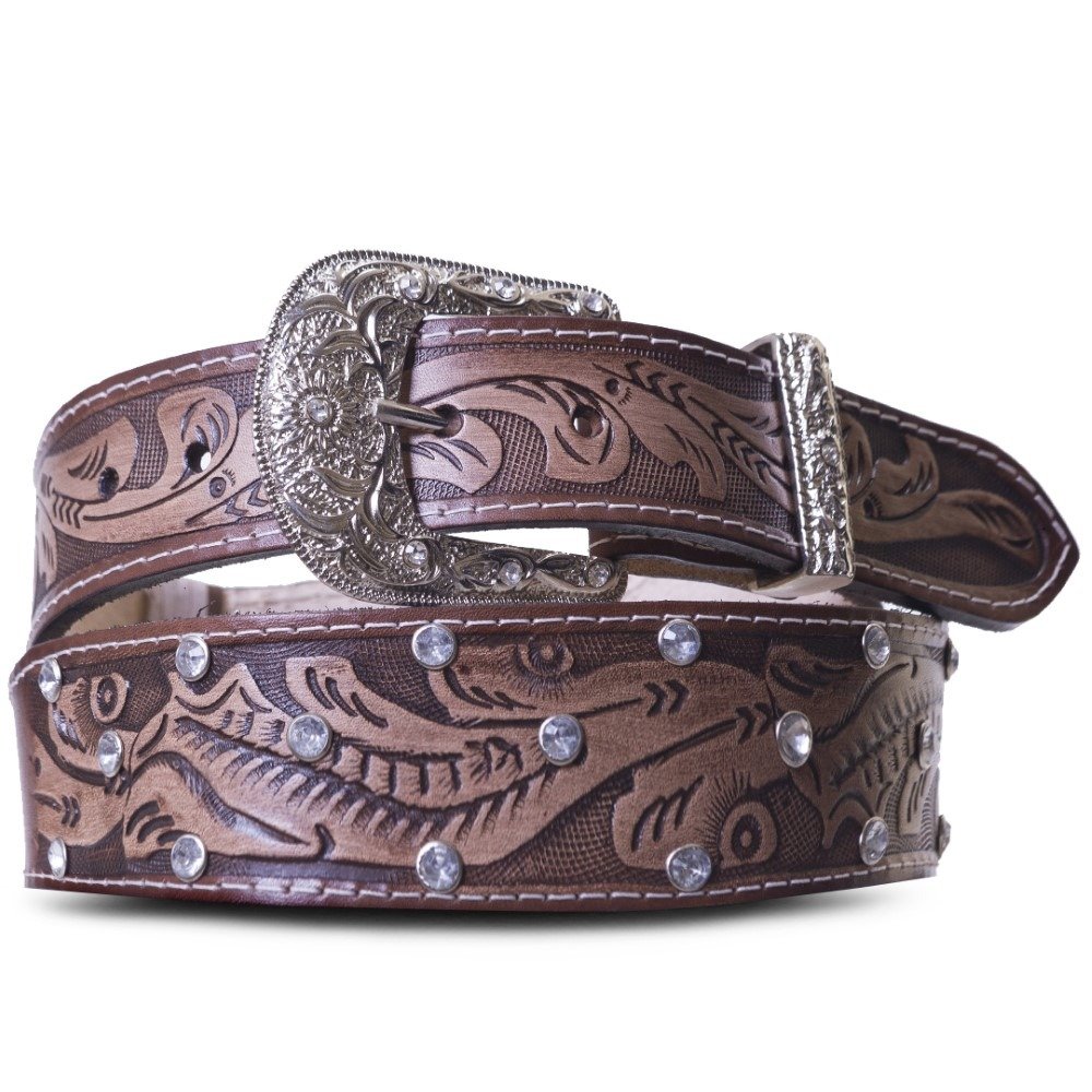 Cinto Feminino Couro Western Fivela Pedraria Strass Brilho Rodeo Country Resistente Marrom 3