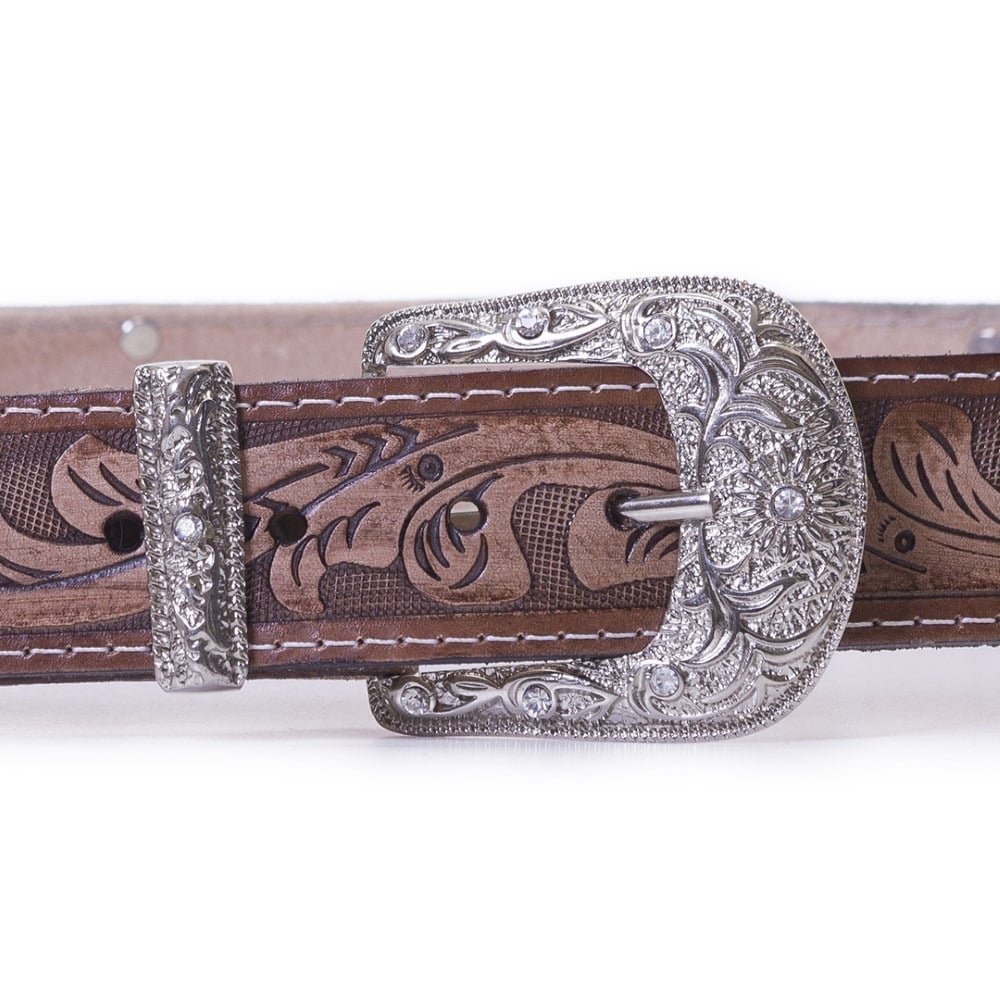 Cinto Feminino Couro Western Fivela Pedraria Strass Brilho Rodeo Country Resistente Marrom 4