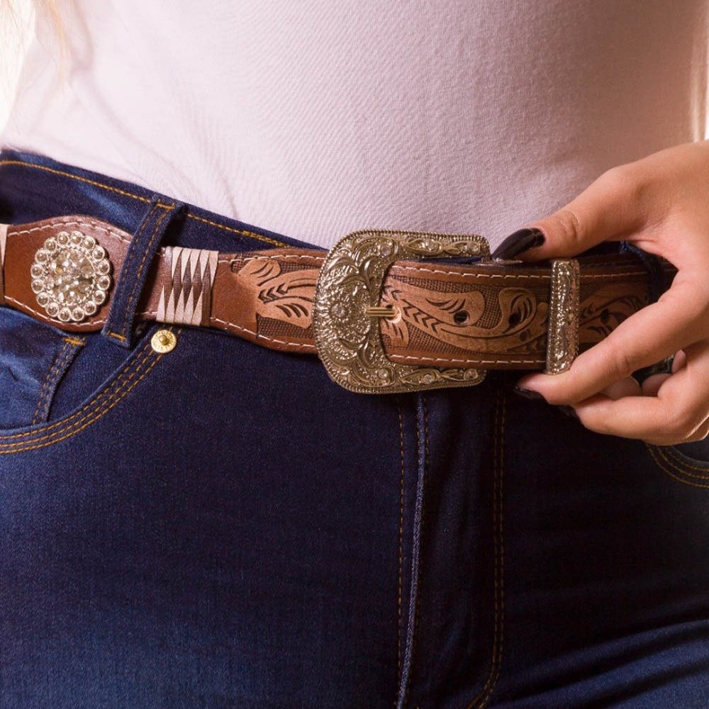 Cinto Feminino Couro Western Fivela Pedraria Strass Brilho Rodeo Country Resistente Marrom 5