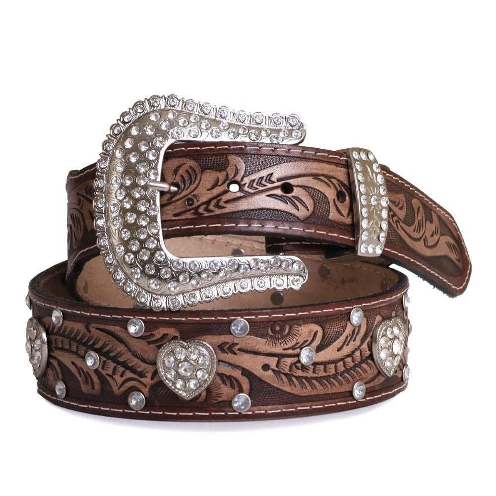 Cinto Couro Festa Peao Barretos Detalhe Coração Com Strass Fivela Redonda Prata Otima Qualidade Marrom 2