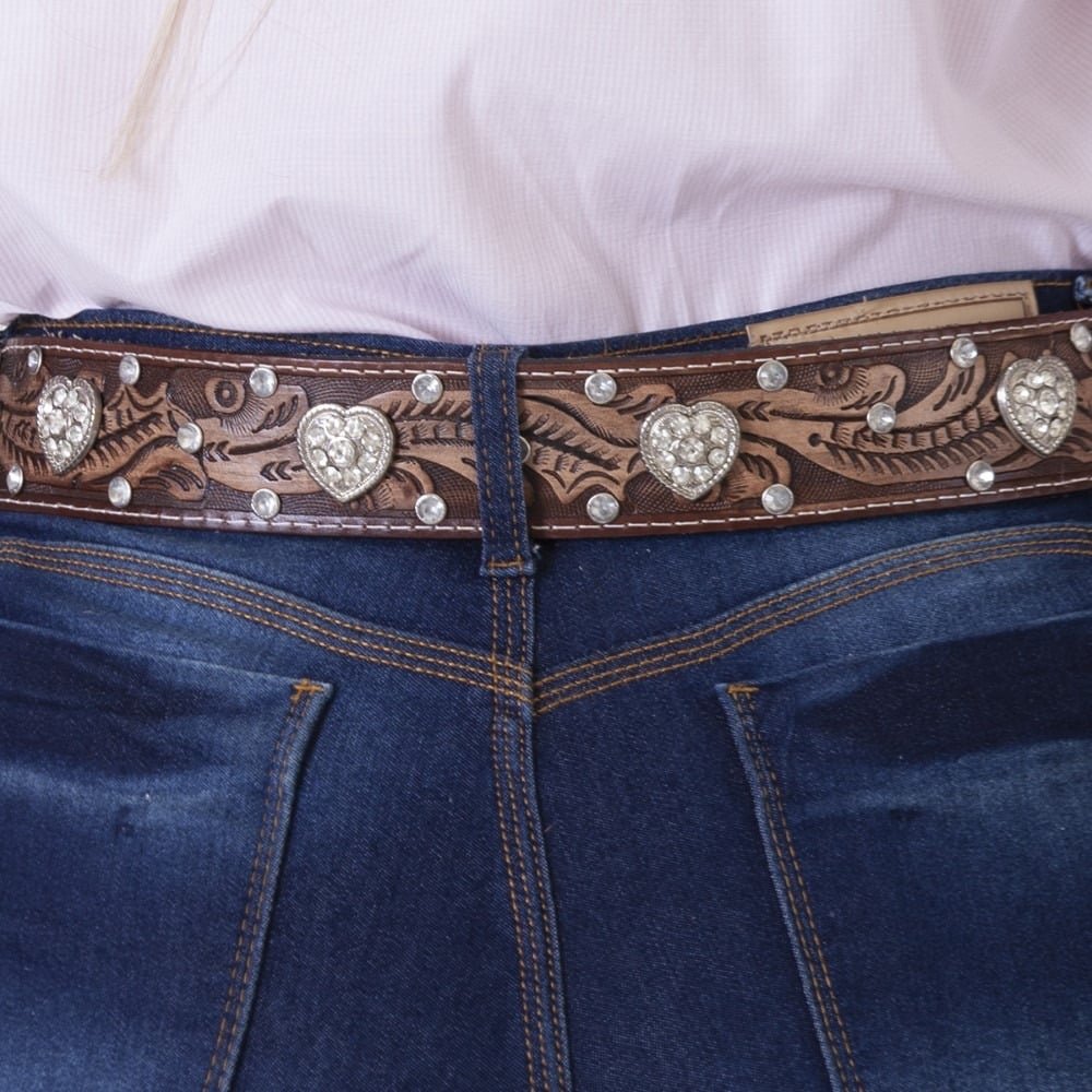 Cinto Couro Festa Peao Barretos Detalhe Coração Com Strass Fivela Redonda Prata Otima Qualidade Marrom 4