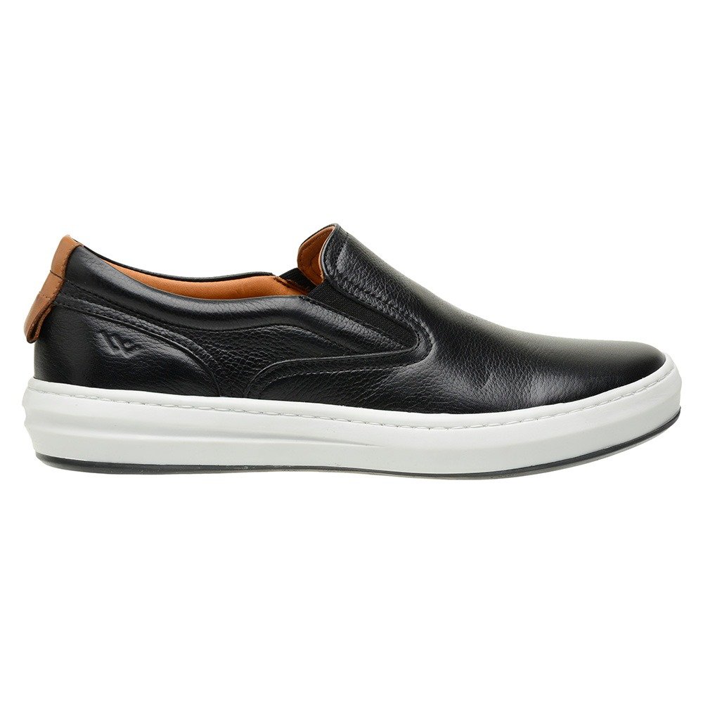 Tenis Slip On Couro Casual Calce Facil Palmilha Gel Anti-Impacto Solado Borracha Macio Preto 2