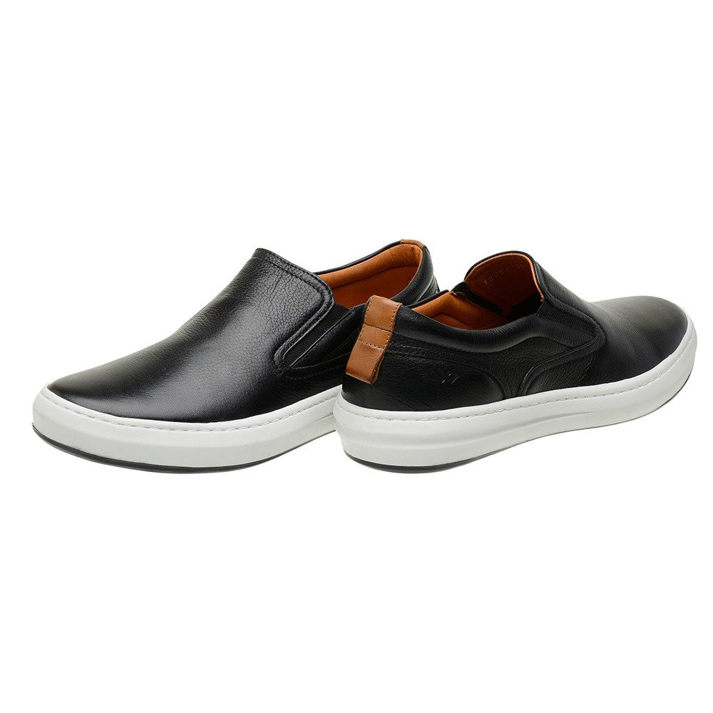 Tenis Slip On Couro Casual Calce Facil Palmilha Gel Anti-Impacto Solado Borracha Macio Preto 3