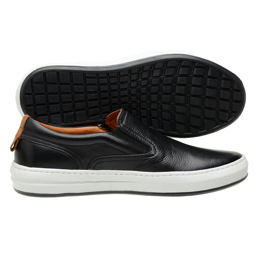 Tenis Slip On Couro Casual Calce Facil Palmilha Gel Anti-Impacto Solado Borracha Macio Preto 4