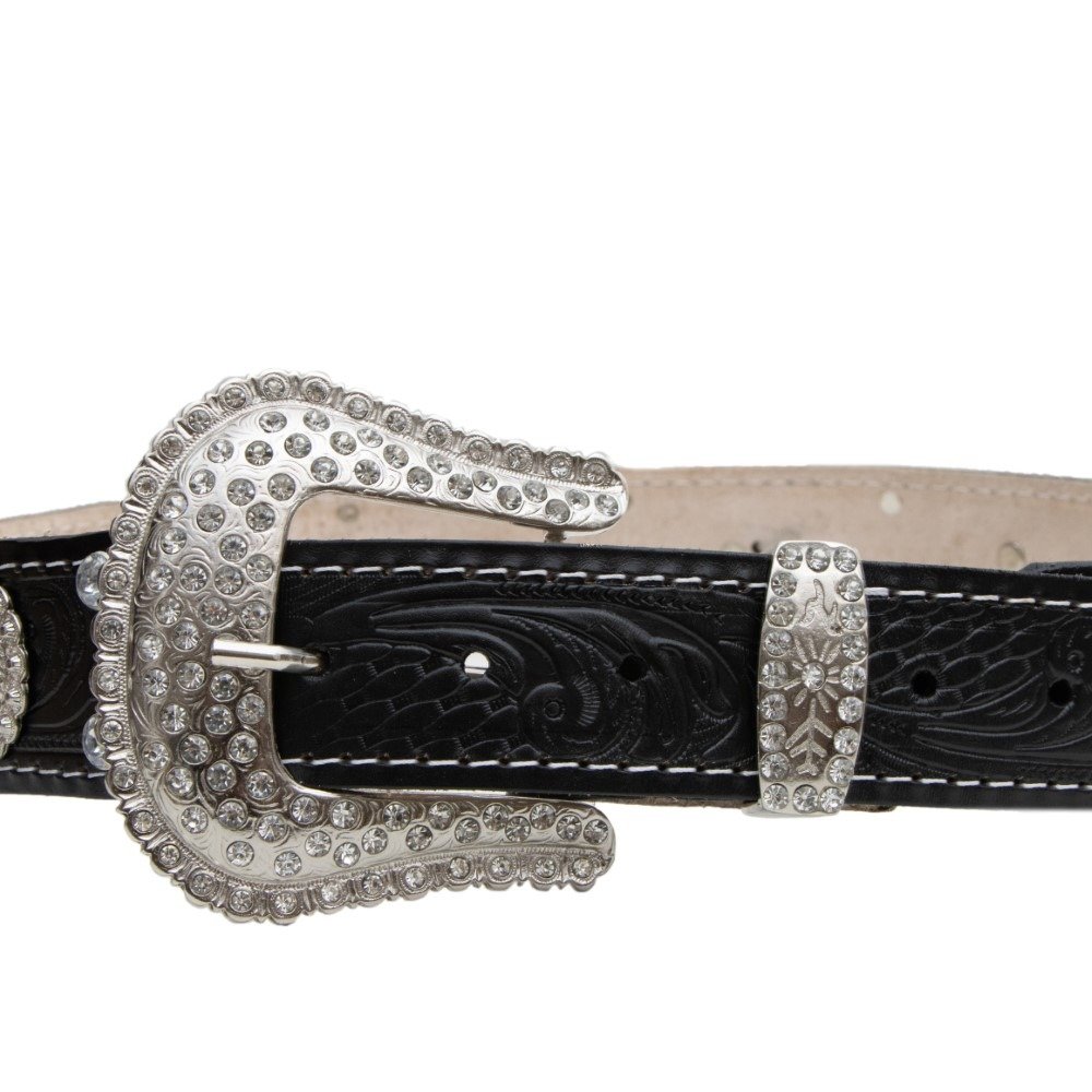 Cinto Couro Feminino Country Garota Rodeio Aplicaçao Strass Brilho Fivela Redonda Preto 2
