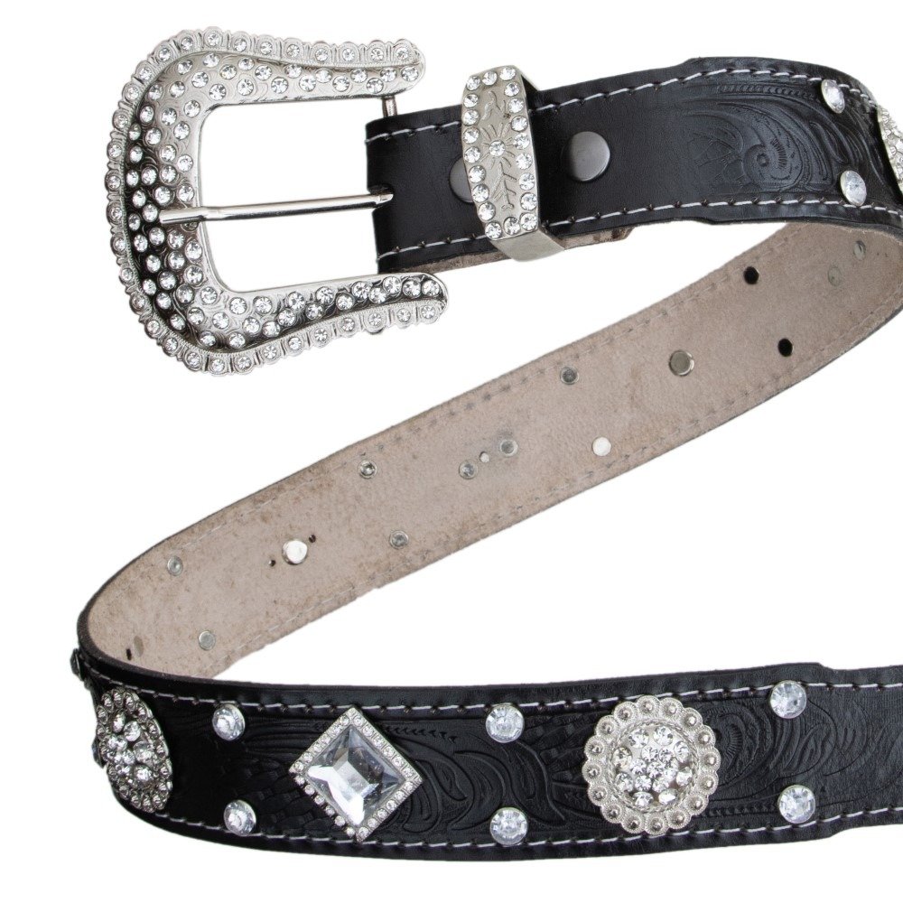Cinto Couro Feminino Country Garota Rodeio Aplicaçao Strass Brilho Fivela Redonda Preto 3
