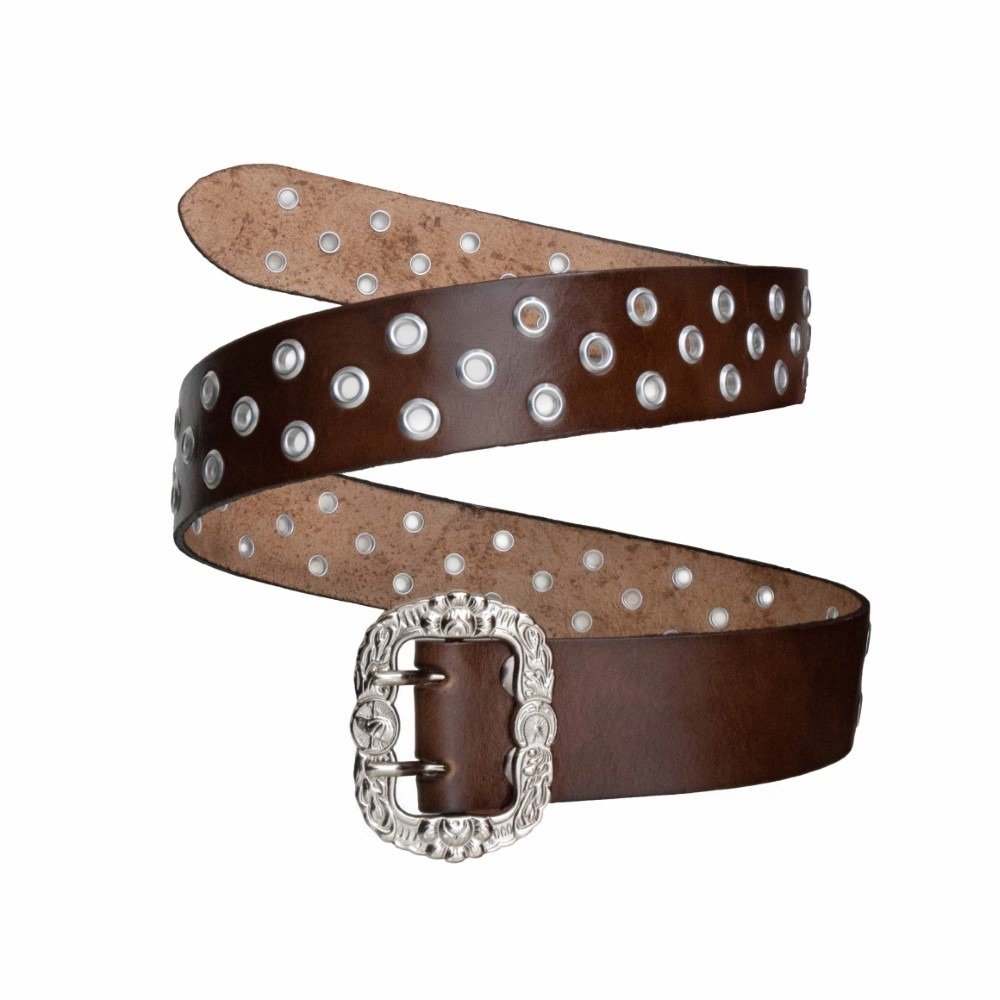 Cinto Muladeiro Couro Apliques Ilhos Fechamento Fivela Resistente Excelente Qualidade Marrom 4