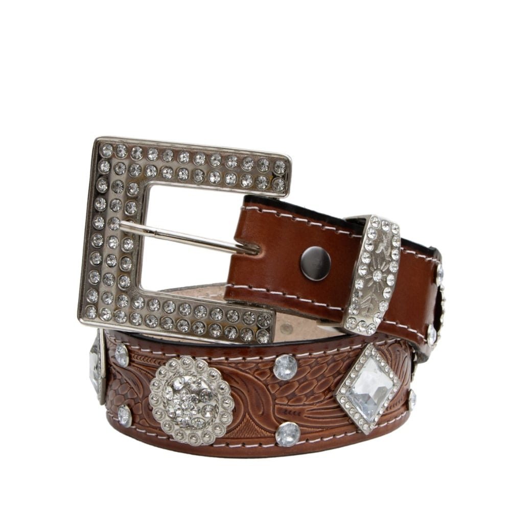 Cinto Feminino Couro Country Garota Rodeio Aplicaçao Strass Brilho Fivela Quadrada Marrom 1