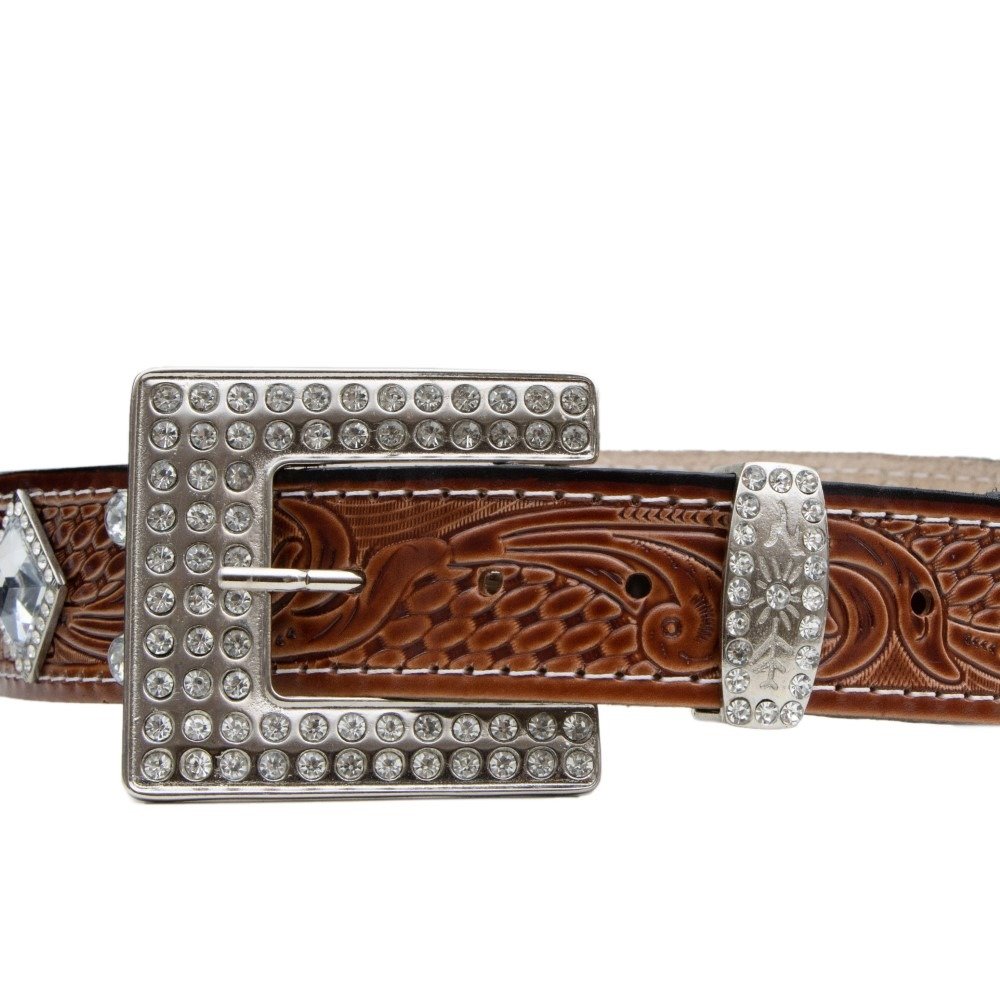 Cinto Feminino Couro Country Garota Rodeio Aplicaçao Strass Brilho Fivela Quadrada Marrom 2
