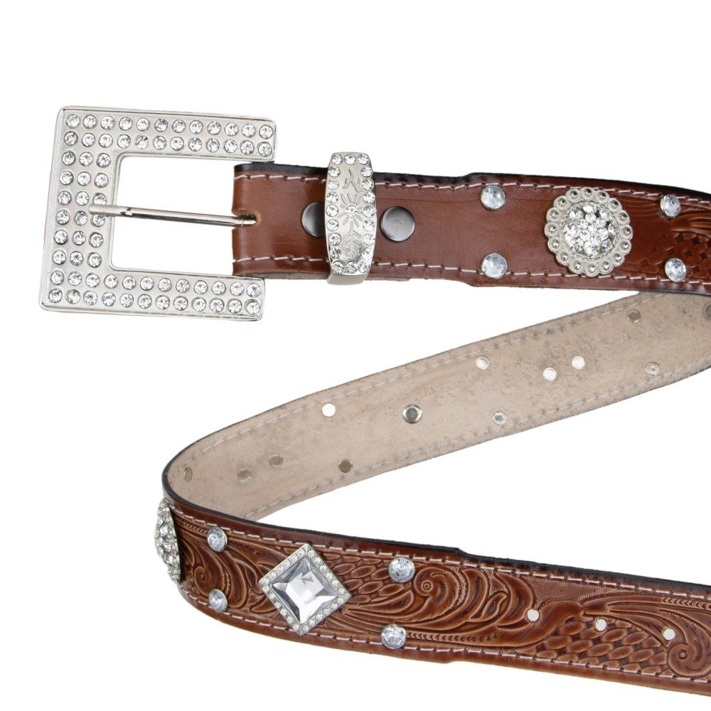 Cinto Feminino Couro Country Garota Rodeio Aplicaçao Strass Brilho Fivela Quadrada Marrom 3
