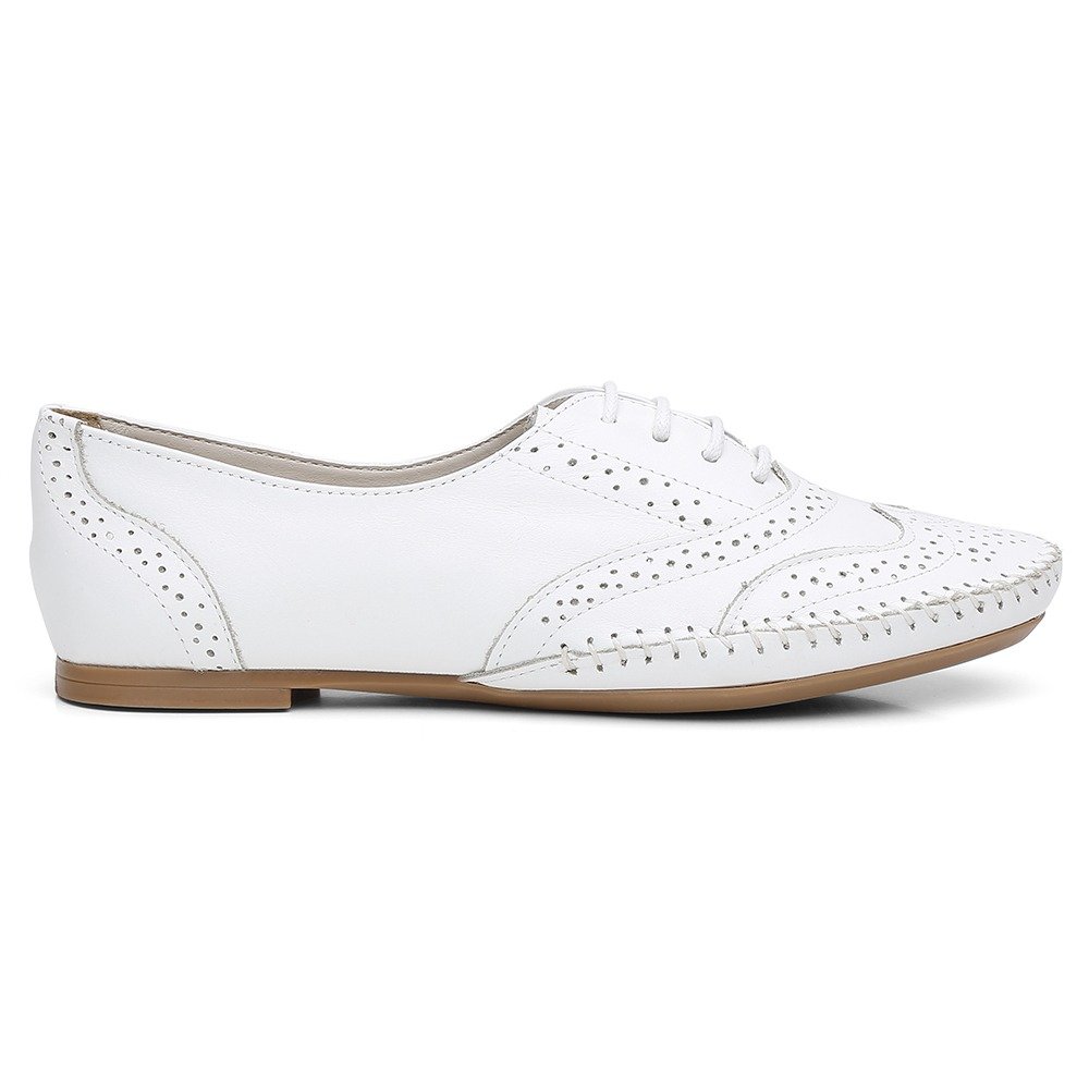 Tenis Oxford Feminino Couro Cadarço Texturizado Salto Baixo Palmilha Conforto Leve Branco 2