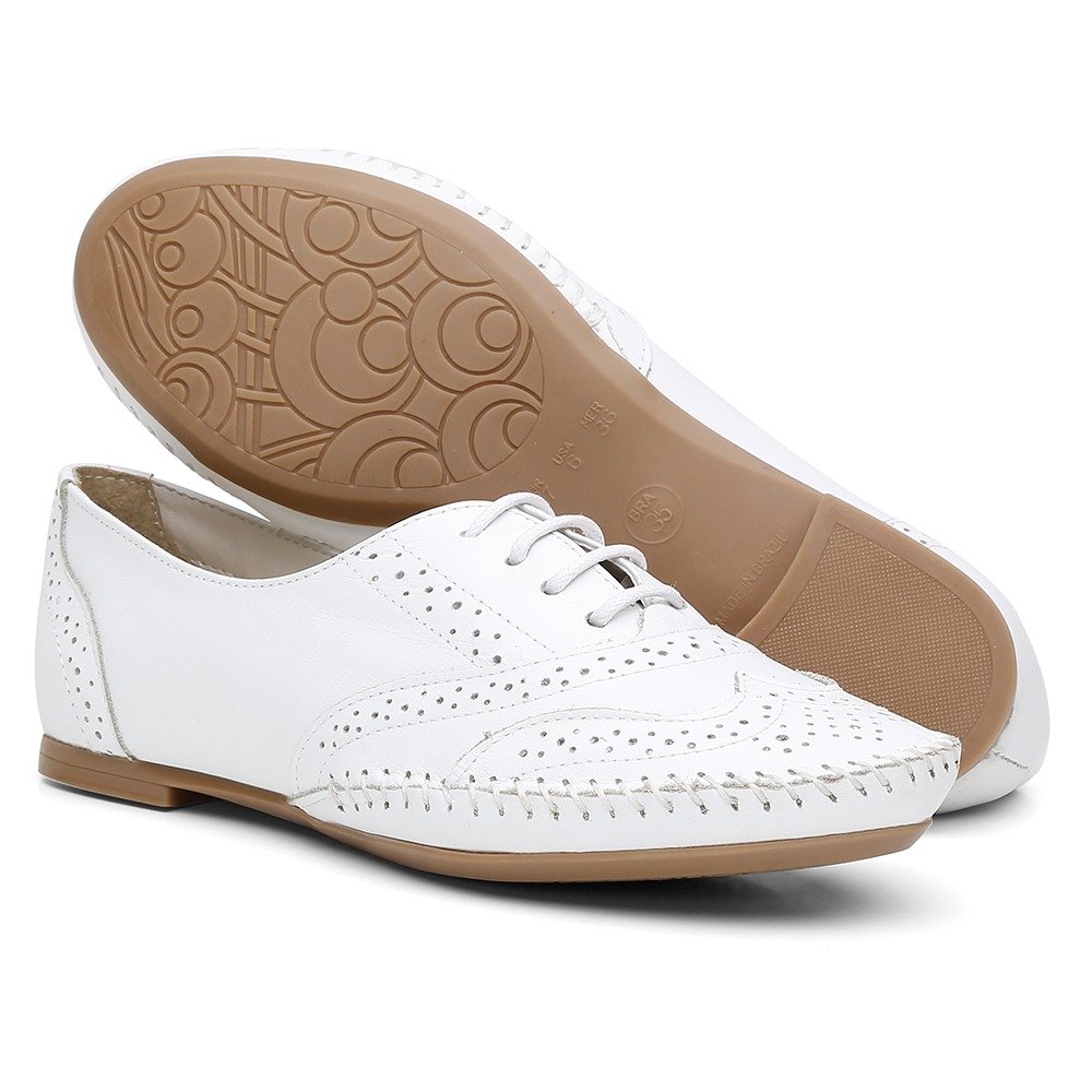 Tenis Oxford Feminino Couro Cadarço Texturizado Salto Baixo Palmilha Conforto Leve Branco 3