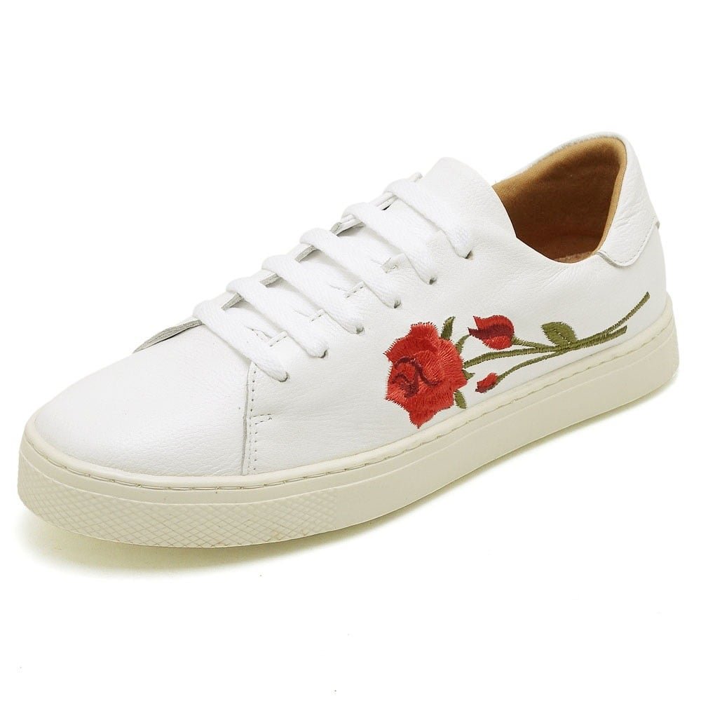 Tenis Casual Feminino Couro Detalhe Flores Forrado Cano Curto Com Cadarço Esportivo Caminhada Branco 1