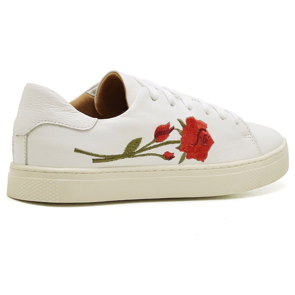 Tenis Casual Feminino Couro Detalhe Flores Forrado Cano Curto Com Cadarço Esportivo Caminhada Branco 2