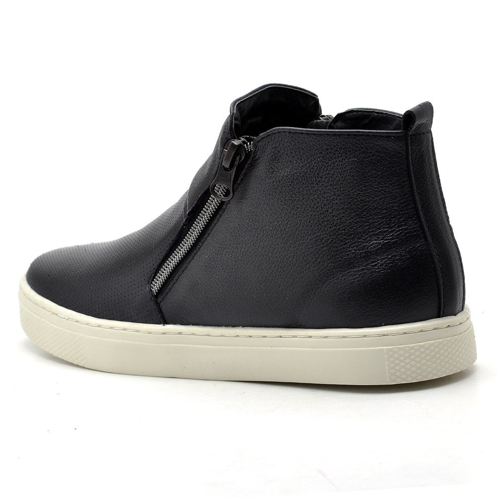 Tenis Casual Couro Feminino Cano Medio Esportivo Sola Borracha Extra Macia Preto 2