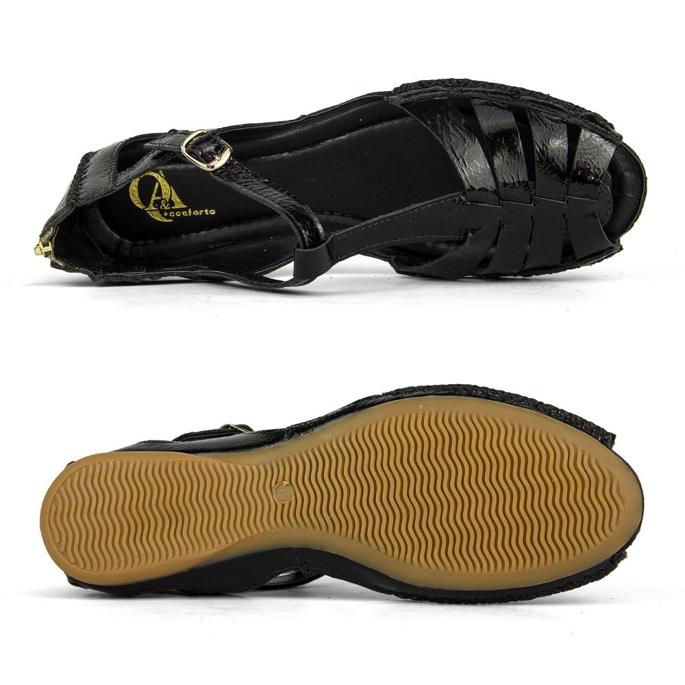 Sandalia Rasteira Conforto Feminina Couro Verniz Salto Baixo Fechamento Ziper e Fivela Preto 3