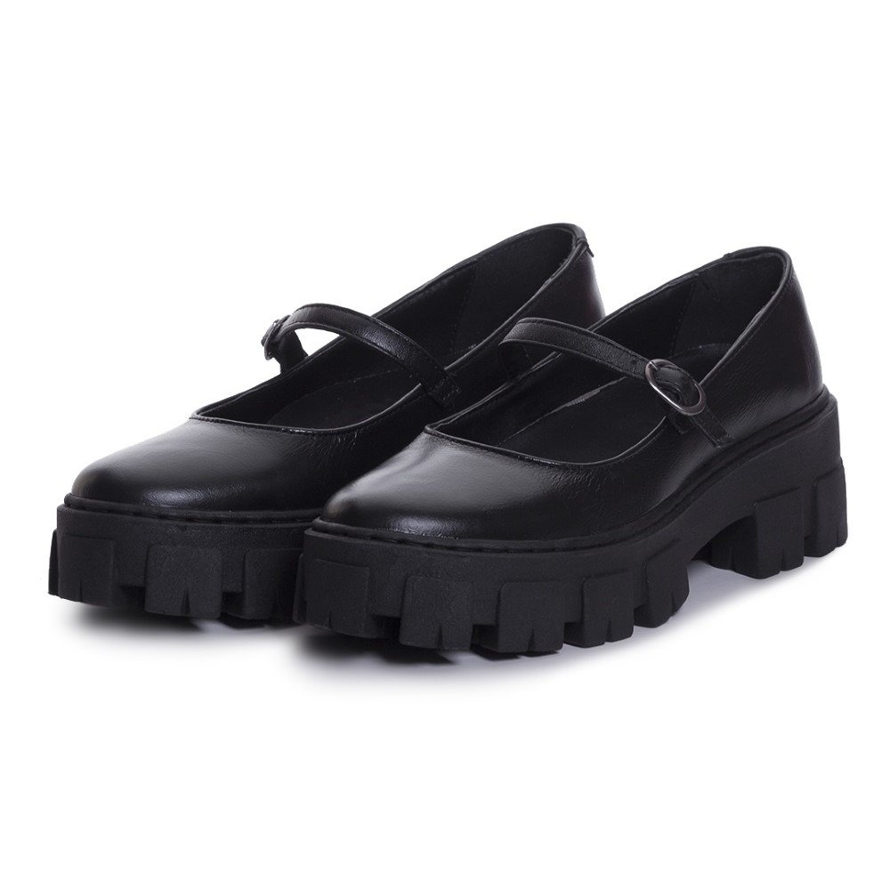 Sapato Boneca Mocassim Oxford Tratorado Couro Feminino Com Fivela
