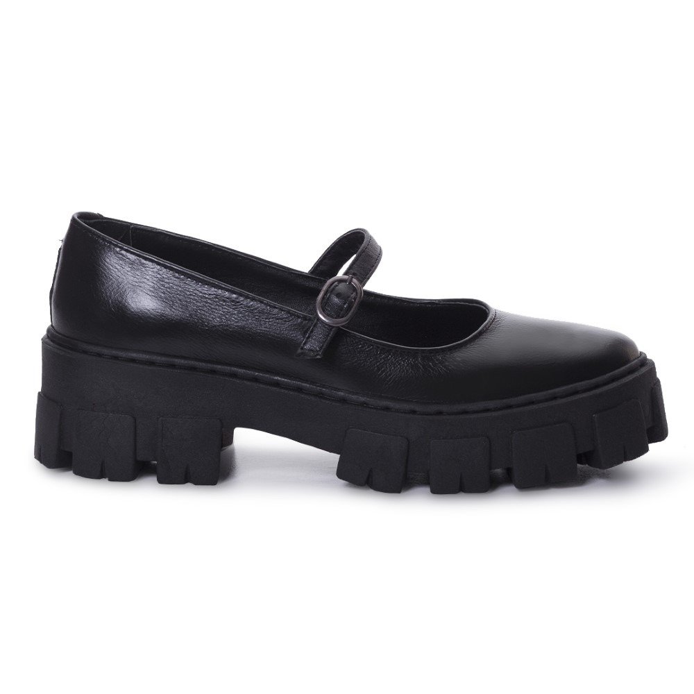 Sapato Boneca Mocassim Oxford Tratorado Couro Feminino Com Fivela Casual Macio Preto 2
