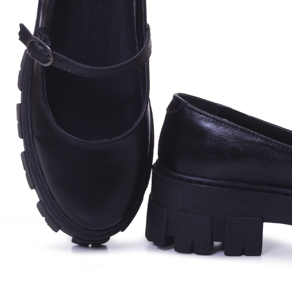 Sapato Boneca Mocassim Oxford Tratorado Couro Feminino Com Fivela Casual Macio Preto 3
