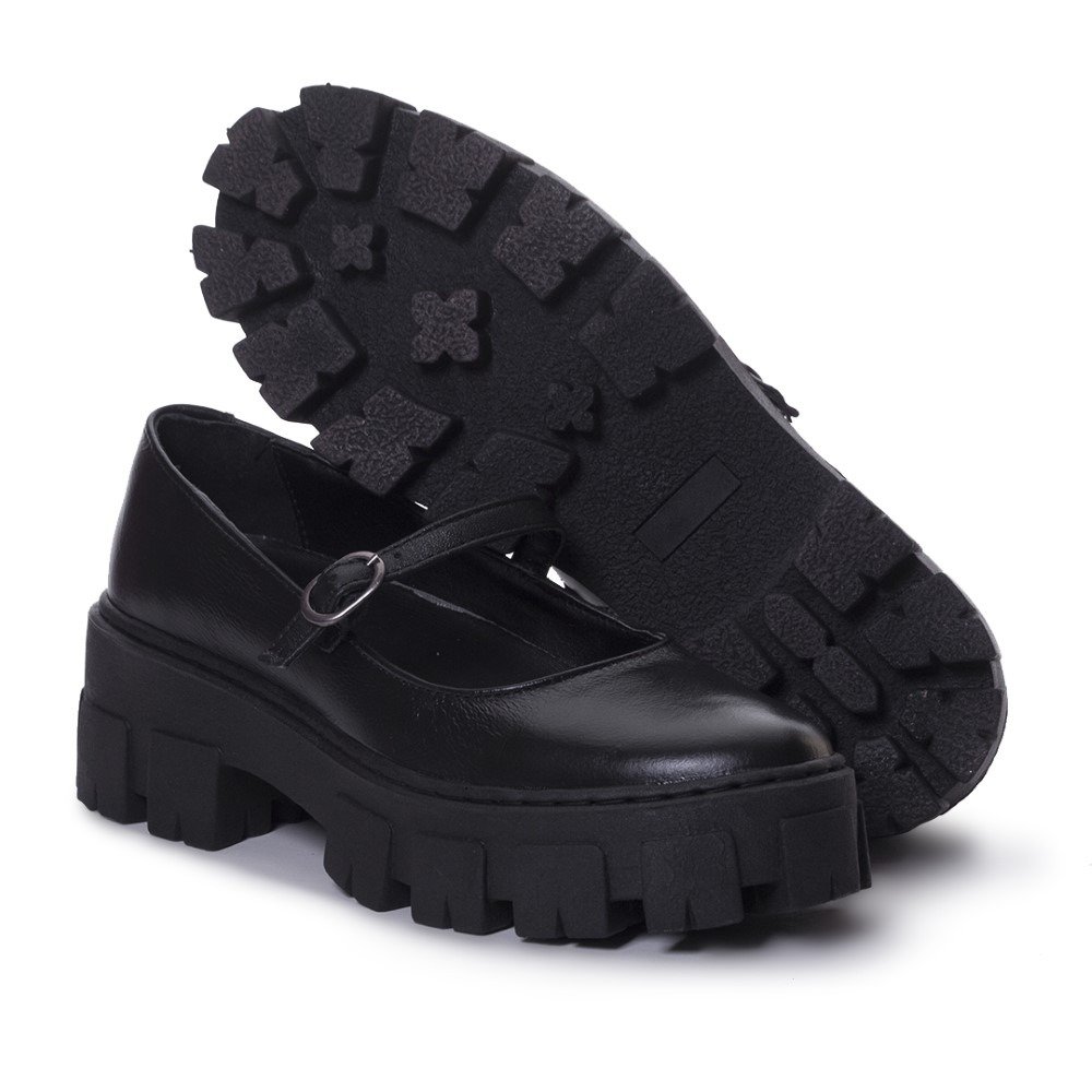 Sapato Boneca Mocassim Oxford Tratorado Couro Feminino Com Fivela Casual Macio Preto 4