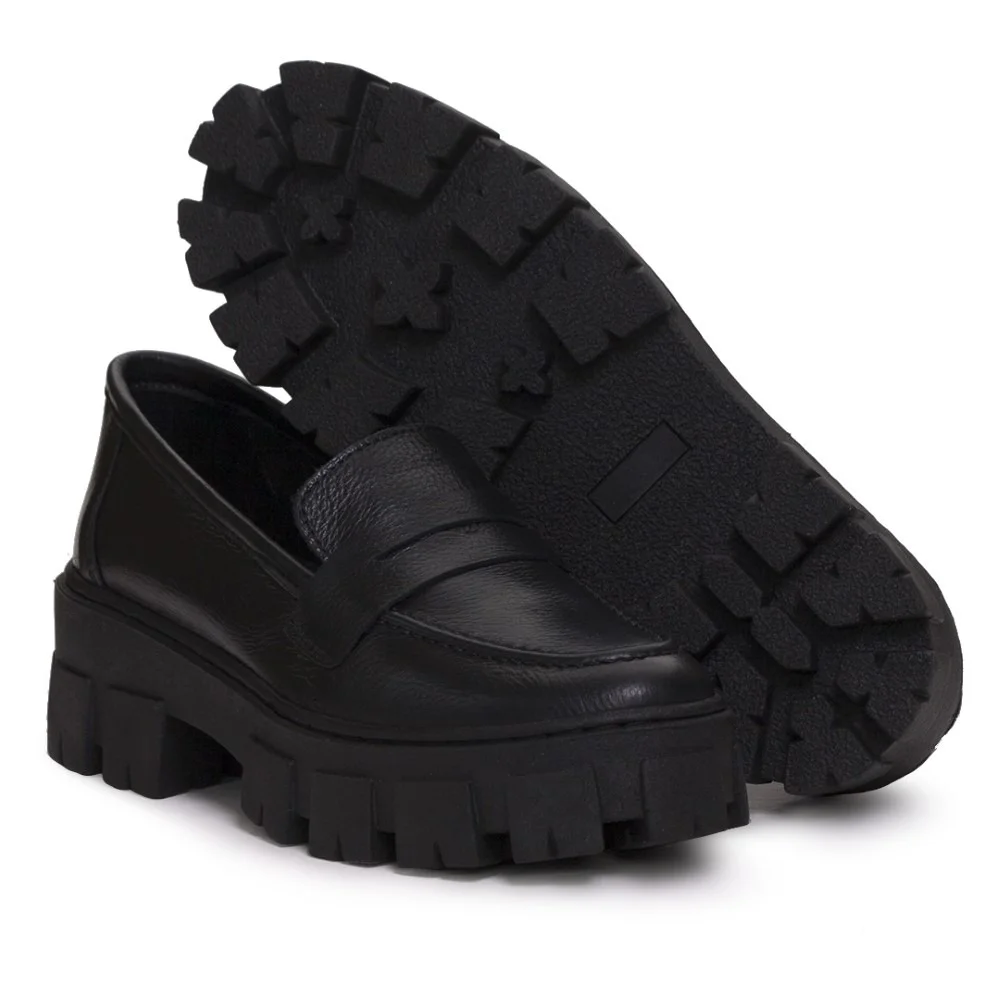 Mocassim Tratorado Couro Feminino Tendencia Blogueira Solado Borracha Confortavel Preto 4