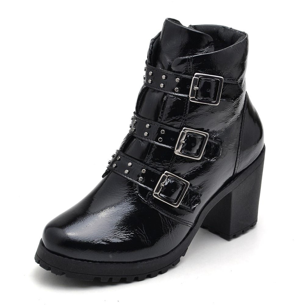 Bota Coturno Feminina Couro Salto Bloco Com Spikes Rock Festa Tendencia Preto 1