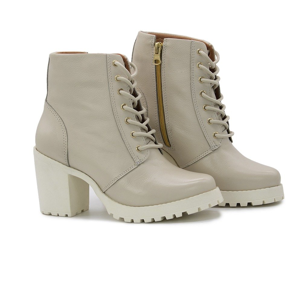 Bota Casual Feminina Couro Salto Medio Quadrado Cadarço e Ziper Bico Redondo Branco 2