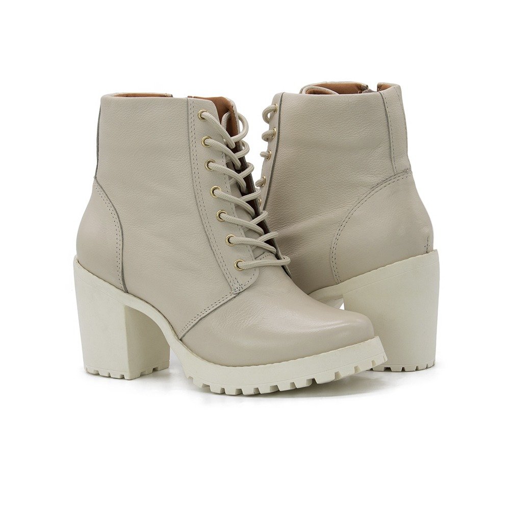 Bota Casual Feminina Couro Salto Medio Quadrado Cadarço e Ziper Bico Redondo Branco 3