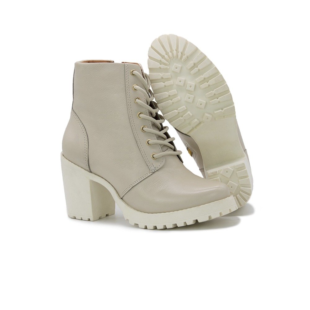 Bota Casual Feminina Couro Salto Medio Quadrado Cadarço e Ziper Bico Redondo Branco 4