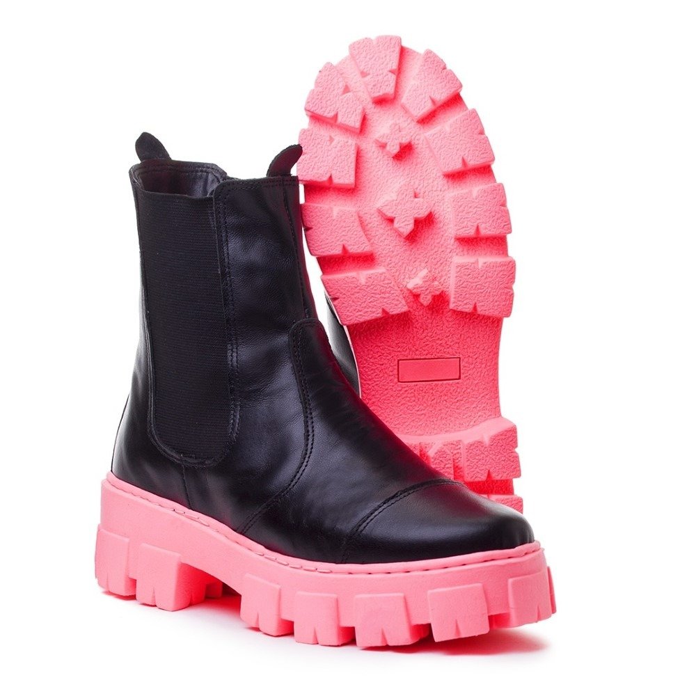 Bota Coturno Tratorada Plataforma de Couro Feminina Sola Colorida Moderna Preto 4