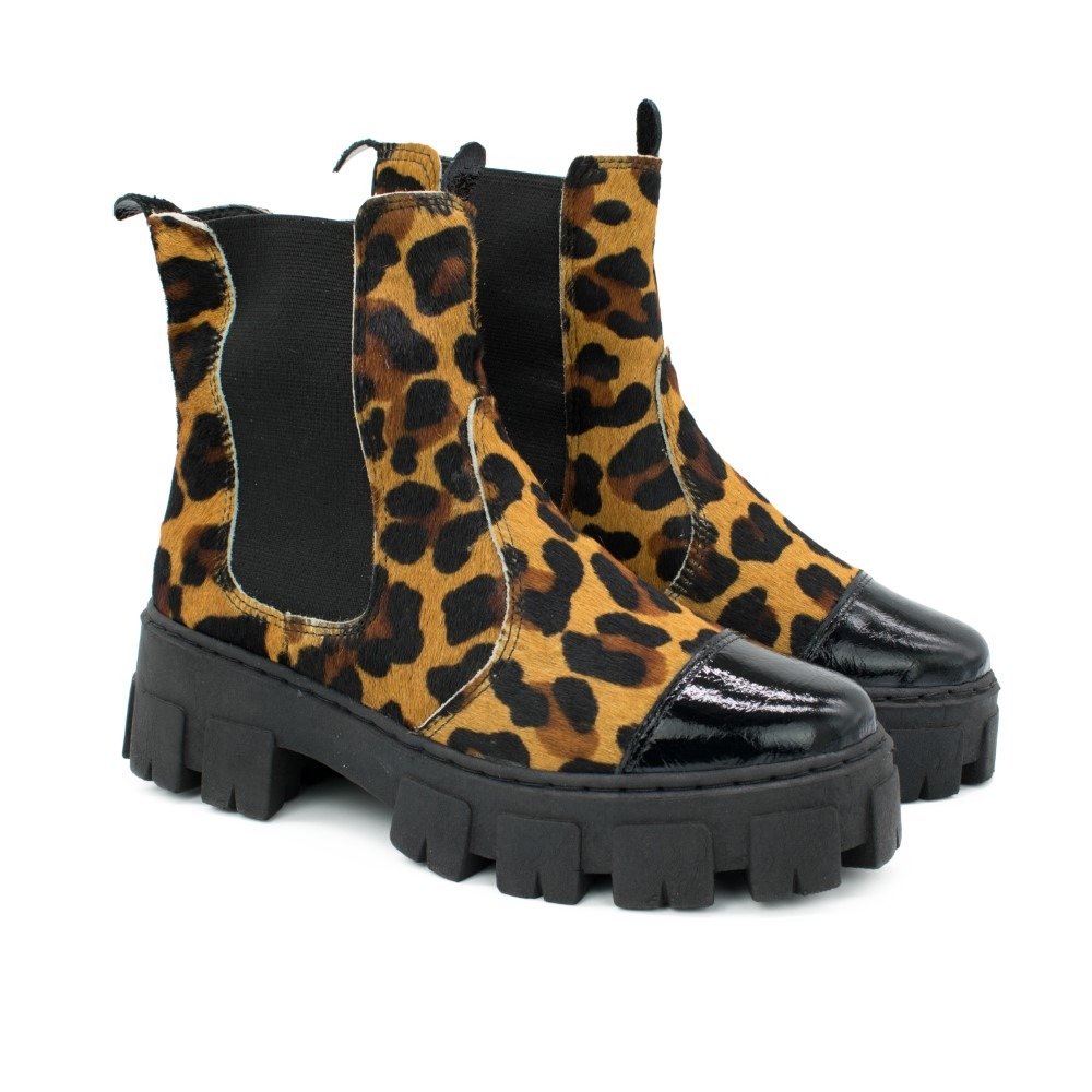 Bota Chelsea Tratorada Feminina Couro Animal Print Onça Plataforma Confortavel Dia a Dia Marrom 2