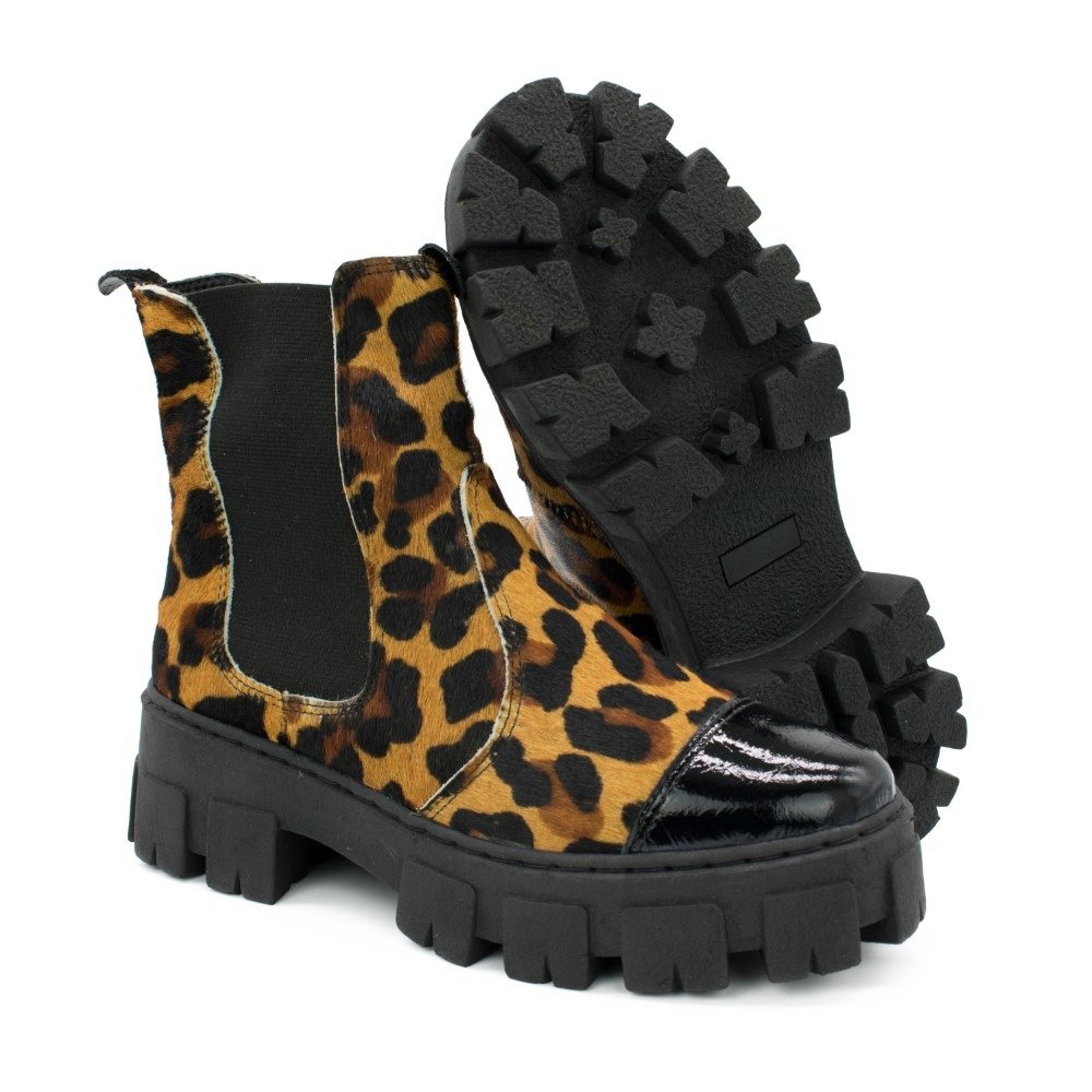 Bota Chelsea Tratorada Feminina Couro Animal Print Onça Plataforma Confortavel Dia a Dia Marrom 4