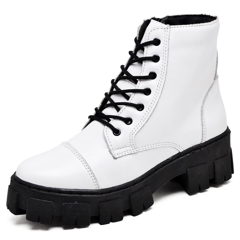 Bota Coturno Militar de Couro Feminina Plataforma Cano Medio Cadarço Palmilha Conforto Macia Branco 1