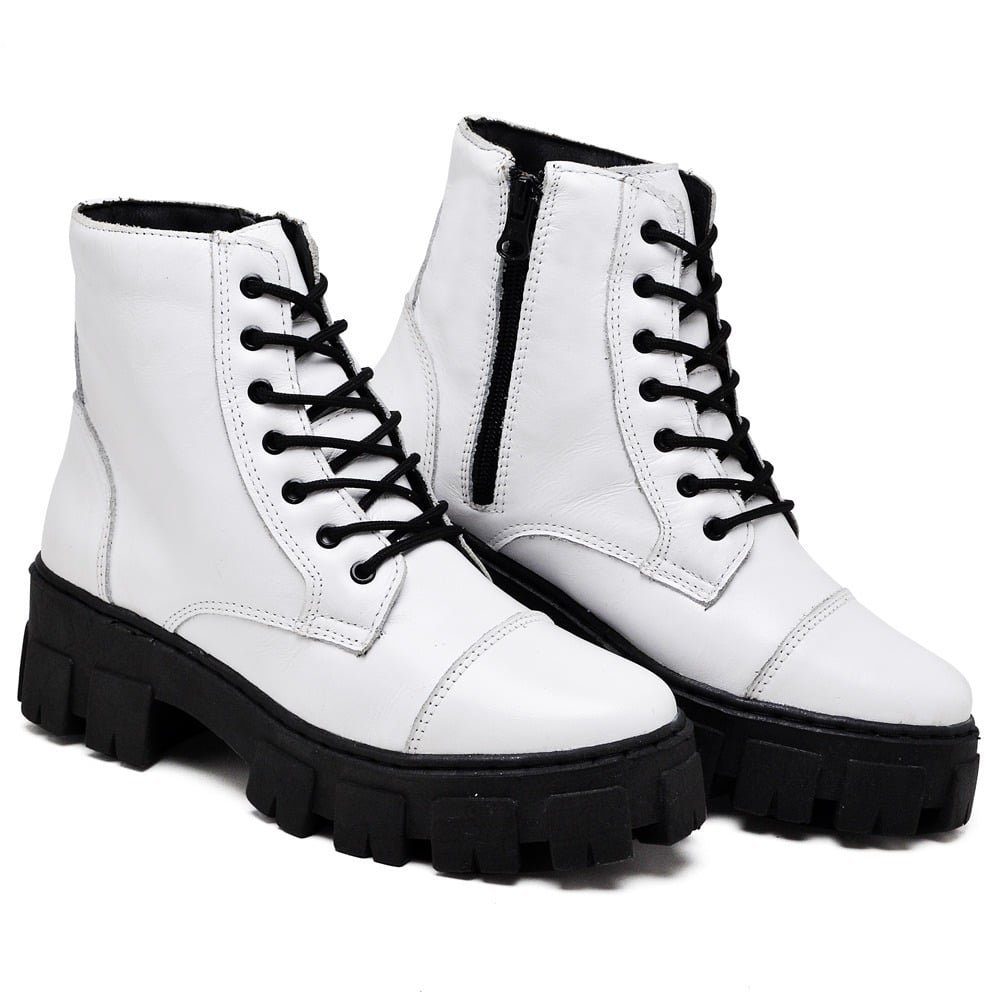 Bota Coturno Militar de Couro Feminina Plataforma Cano Medio Cadarço Palmilha Conforto Macia Branco 2