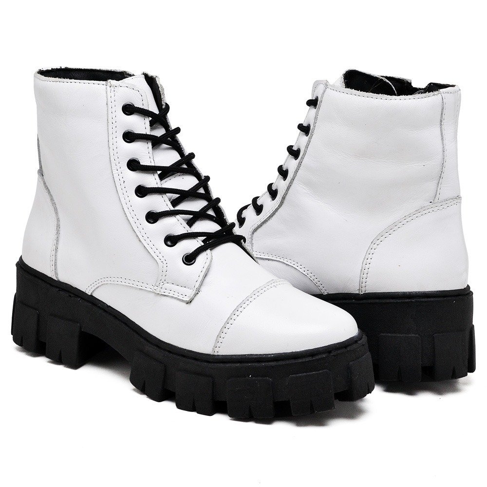 Bota Coturno Militar de Couro Feminina Plataforma Cano Medio Cadarço Palmilha Conforto Macia Branco 3