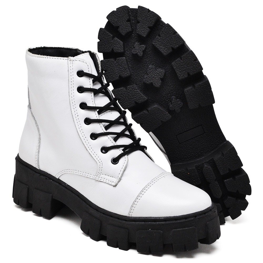 Bota Coturno Militar de Couro Feminina Plataforma Cano Medio Cadarço Palmilha Conforto Macia Branco 4