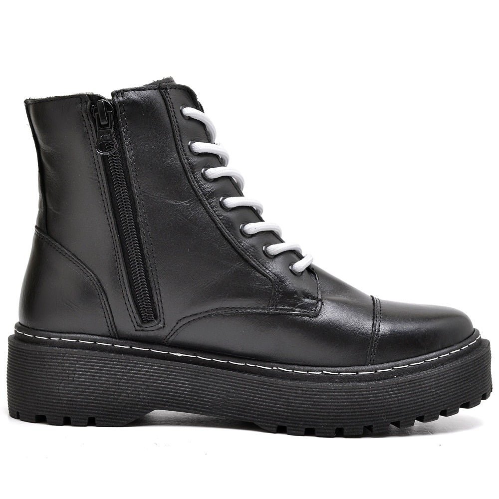 Bota Tratorada de Couro Feminina Com Cadarço Branco Tendencia Sola Borracha Preto 2