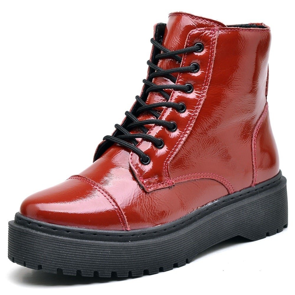 Bota Plataforma Couro Verniz Feminina Cadarço Cano Medio Confortavel Forrada Leve Vermelho 1