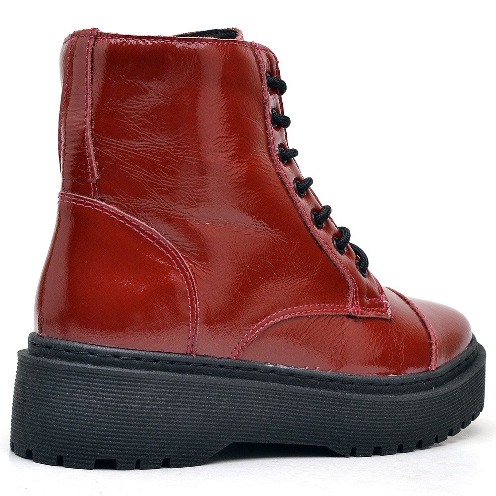 Bota Plataforma Couro Verniz Feminina Cadarço Cano Medio Confortavel Forrada Leve Vermelho 2