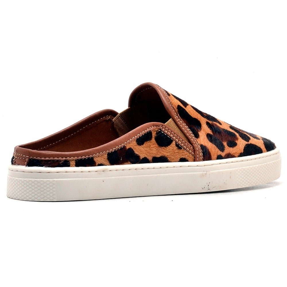 Mule Onça Animal Print Feminino Couro Calce Facil Solado Borracha Tecido Antitranspirante Marrom 2
