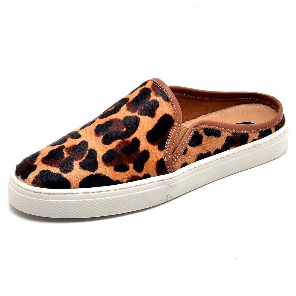 Mule Onça Animal Print Feminino Couro Calce Facil Solado Borracha Tecido Antitranspirante Marrom 1