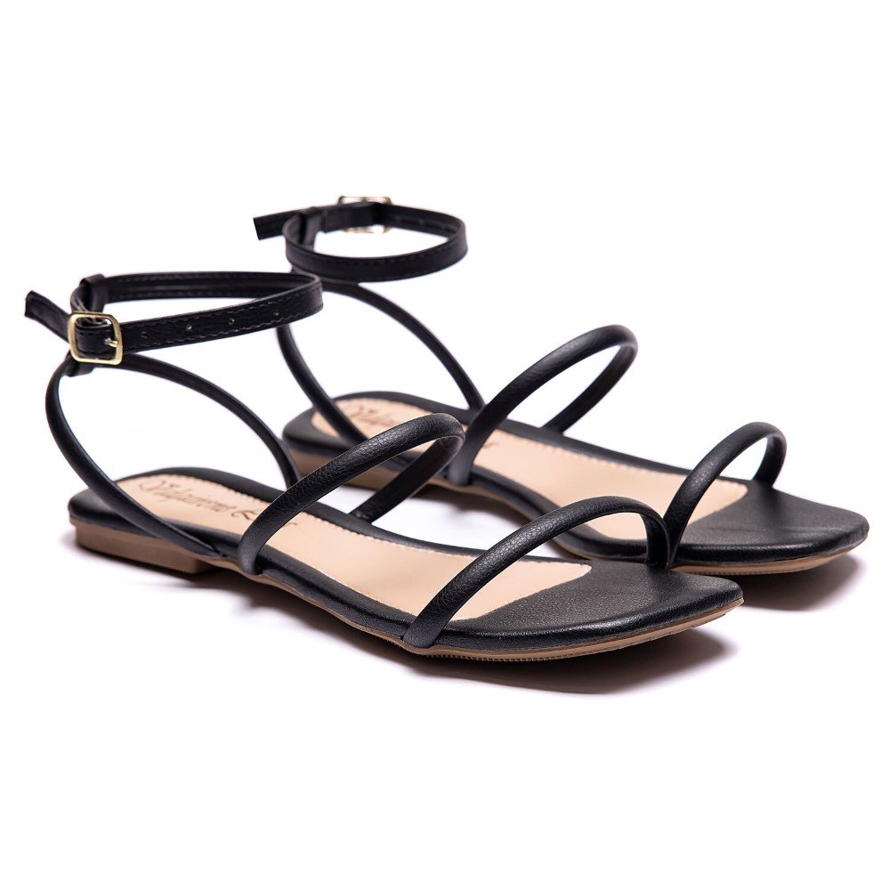 Rasteirinha Bico Quadrado Feminina Rasteira Basica Solado PVE Resistente Tiras Finas Palmilha EVA Preto 2